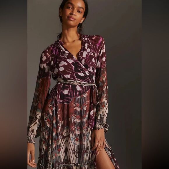 NWT ANTHROPOLOGIE LONG SLEEVE PRINTED WRAP MIDI DRESS - Picture 1 of 4